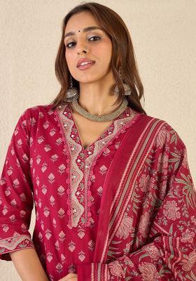 Burgundy Printed Cotton Kurta Set