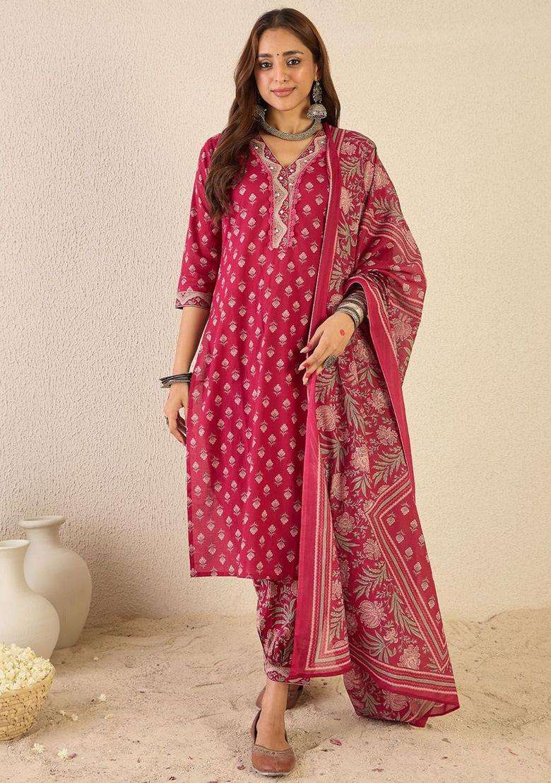 Burgundy Printed Cotton Kurta Set - Indya