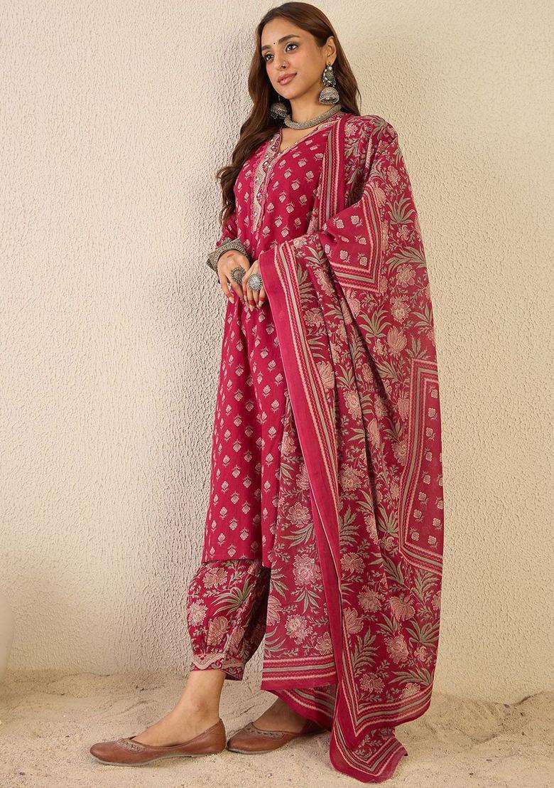 Burgundy Printed Cotton Kurta Set - Indya