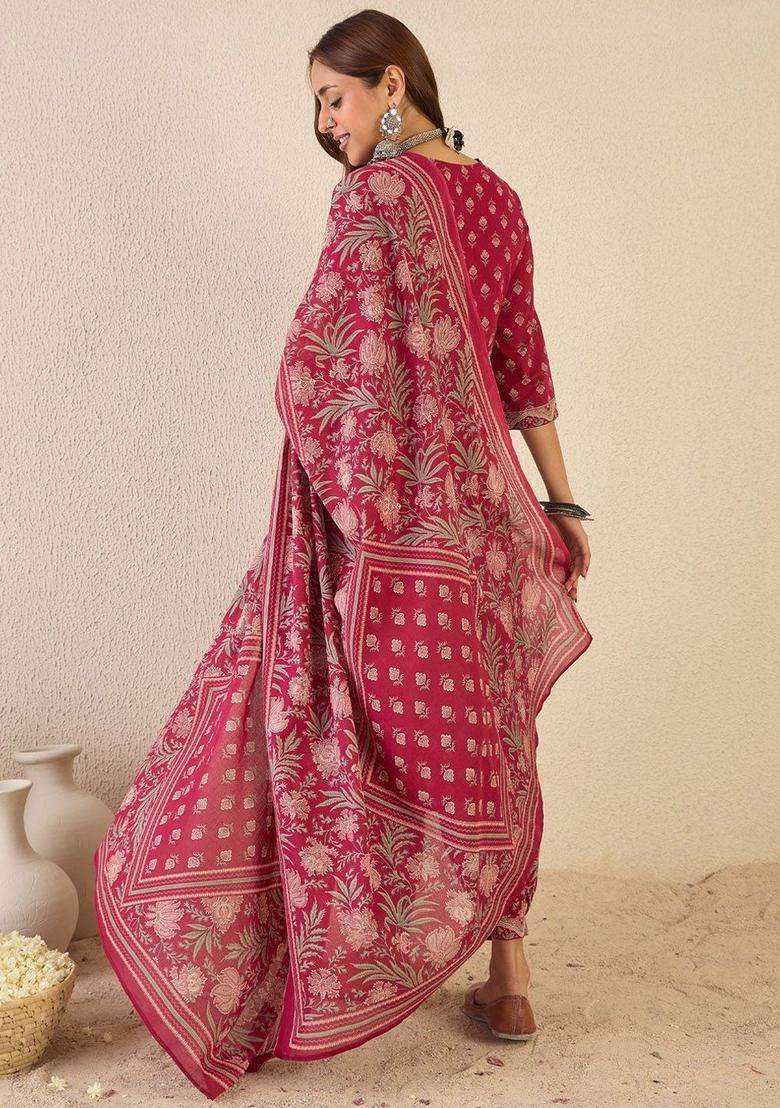 Burgundy Printed Cotton Kurta Set - Indya