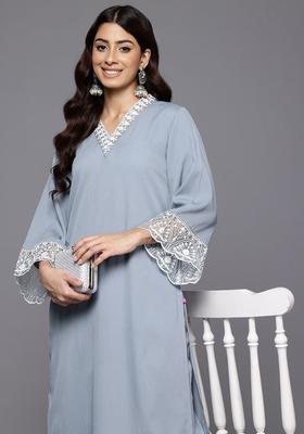 Grey Embroidered Silk Kurta Set
