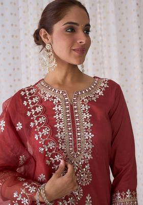 Rust Embroidered Silk Blend Kurta Set