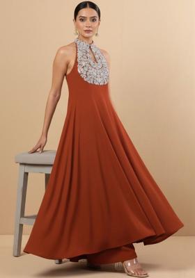 Rust Embroidered Silk Blend Kurta Set