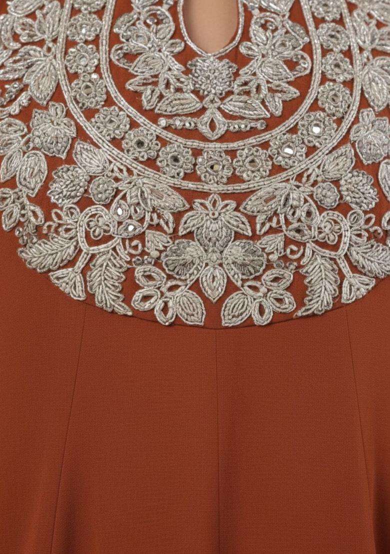 Rust Embroidered Silk Blend Kurta Set - Indya