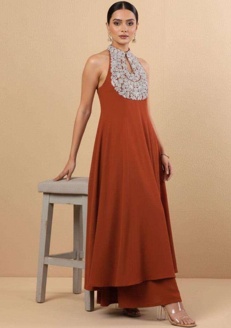 Rust Embroidered Silk Blend Kurta Set - Indya