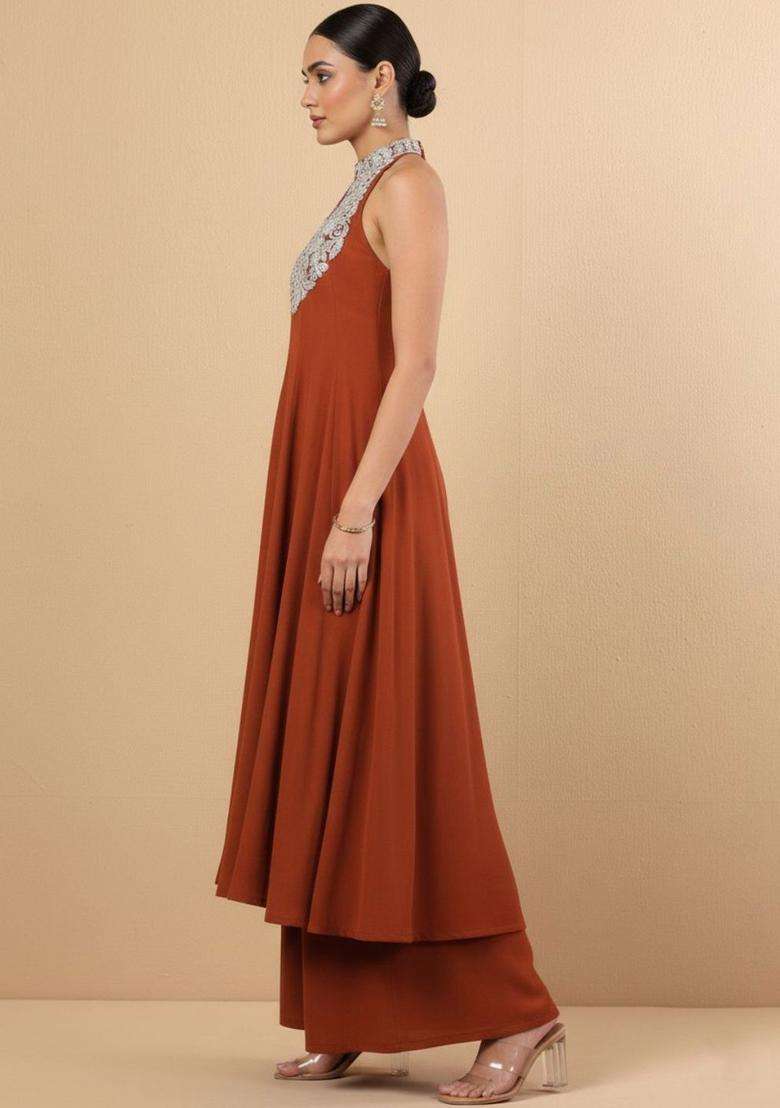 Rust Embroidered Silk Blend Kurta Set - Indya