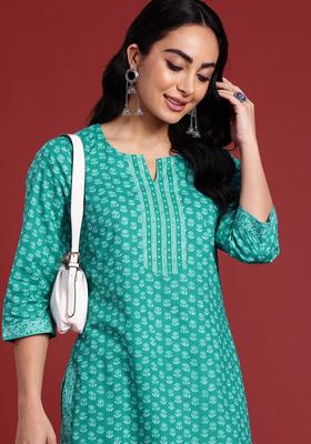 Turquoise Blue Printed Cotton Kurta Set