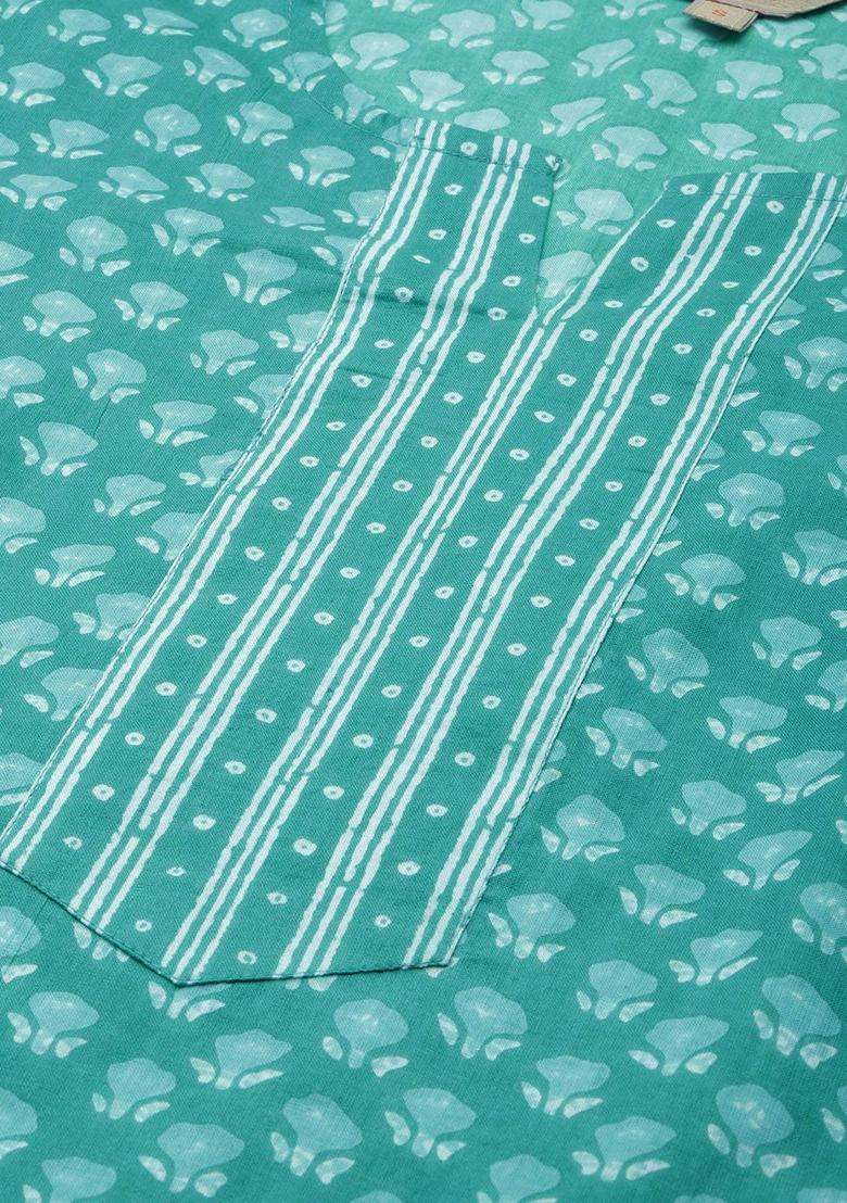 Turquoise Blue Printed Cotton Kurta Set - Indya