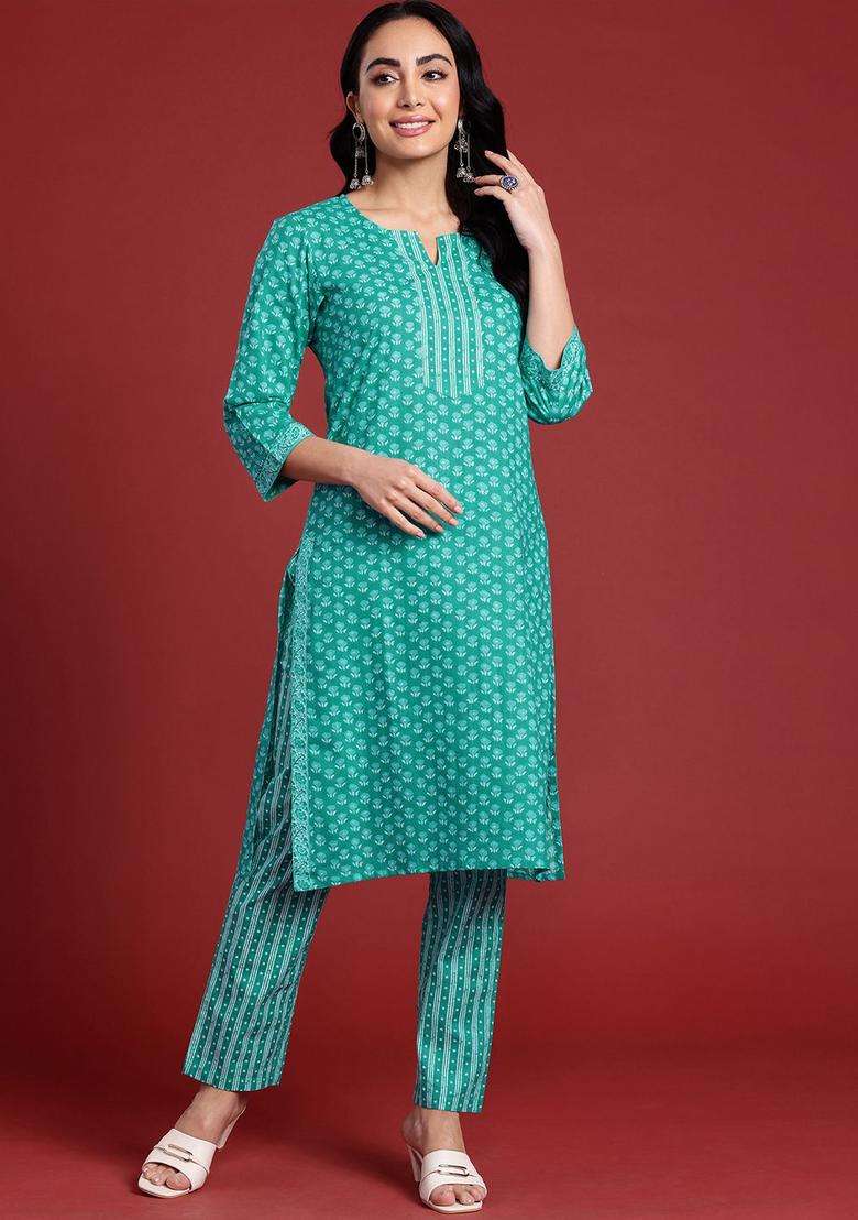 Turquoise Blue Printed Cotton Kurta Set - Indya