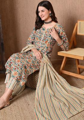 Beige Printed Cotton Kurta Set