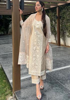 Cream Embroidered Chanderi Kurta Set