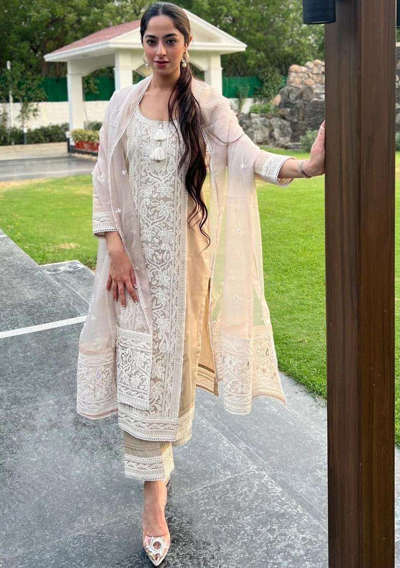 Cream Embroidered Chanderi Kurta Set - Indya