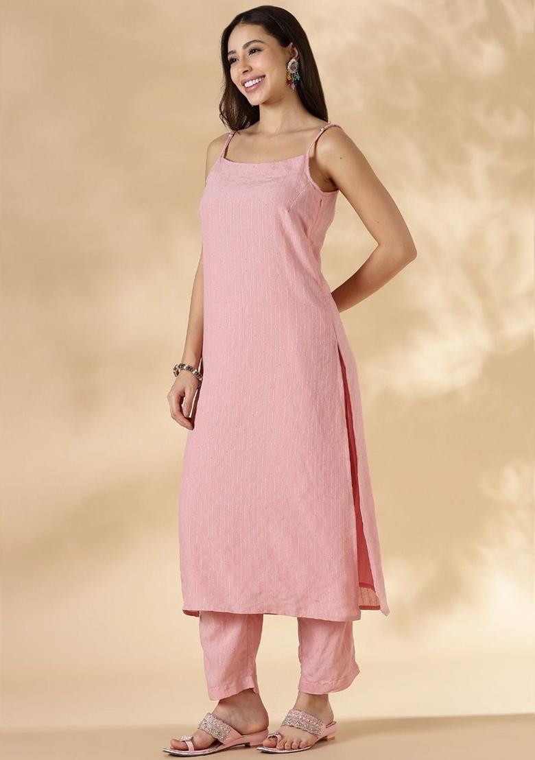 Pink Striped Nylon Straight Kurta Sets - Indya