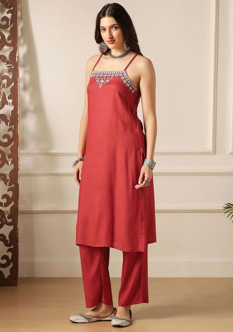 Rust Embroidered Polyester Straight Kurta Sets - Indya