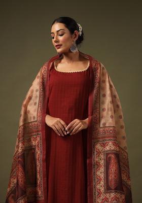Maroon Printed Cotton Straight Kurta Sets