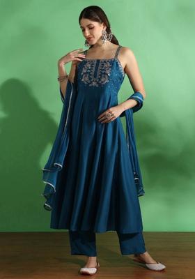 Blue Embroidered Silk Anarkali Sets