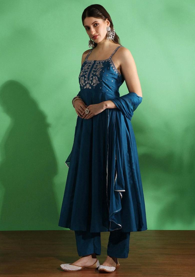 Blue Embroidered Silk Anarkali Sets - Indya