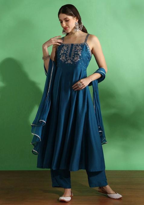 Blue Embroidered Silk Anarkali Sets — view on Indya