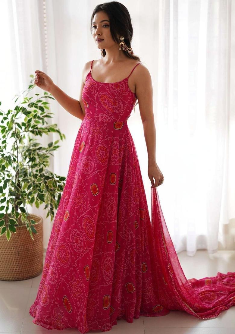 Pink Printed Silk Anarkali Sets - Indya