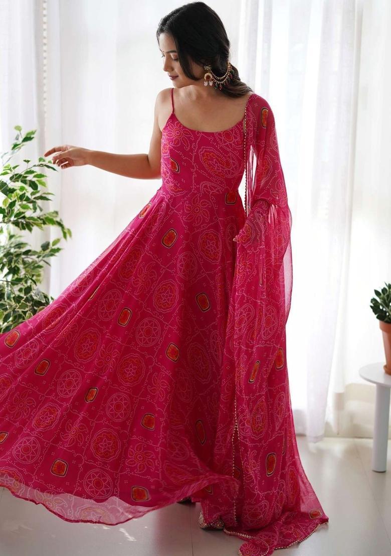 Pink Printed Silk Anarkali Sets - Indya