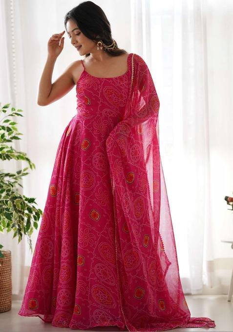 Pink Printed Silk Anarkali Sets — view on Indya