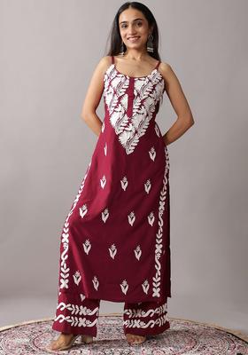 Maroon Embroidered Silk Straight Kurta Sets