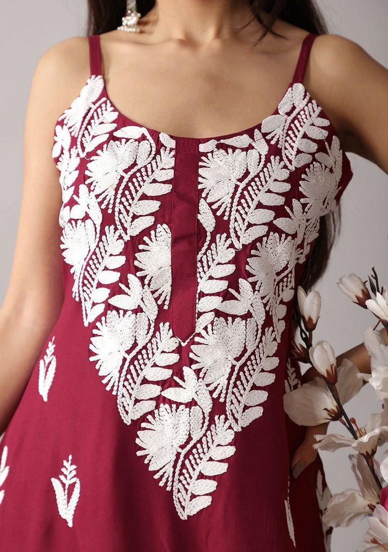 Maroon Embroidered Silk Straight Kurta Sets - Indya