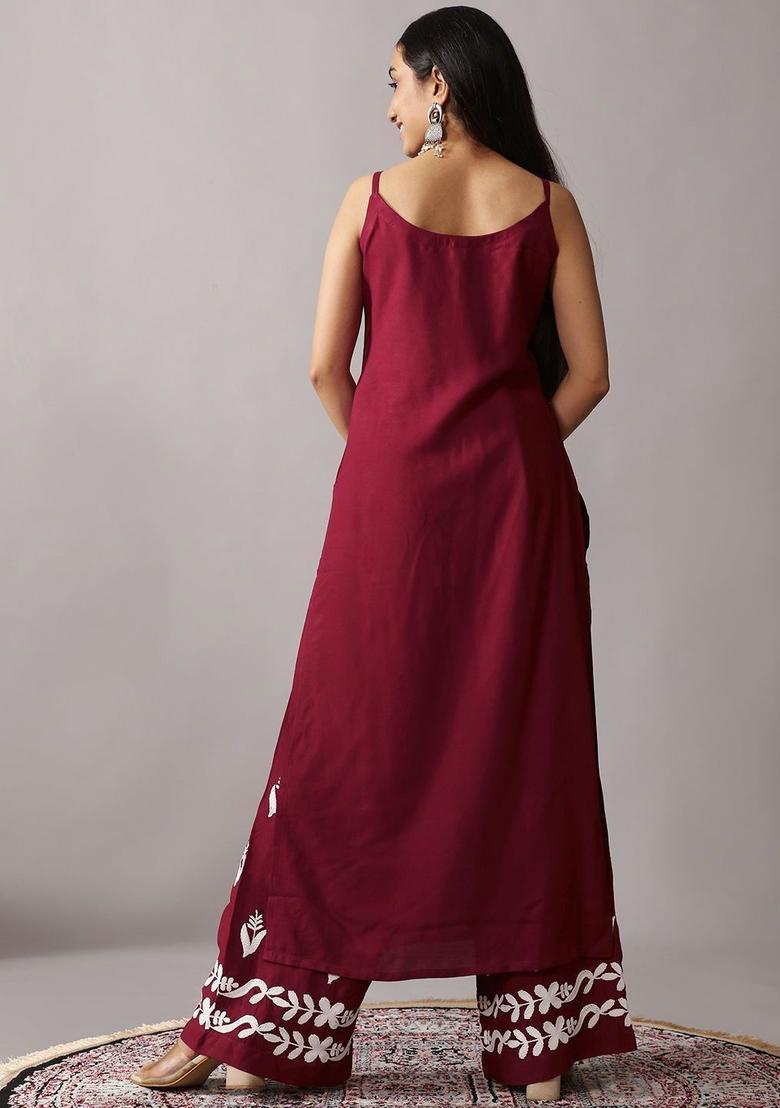 Maroon Embroidered Silk Straight Kurta Sets - Indya