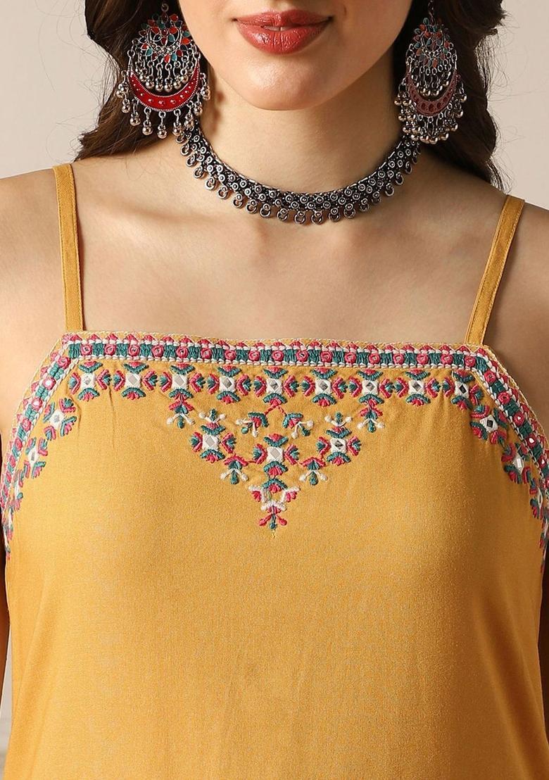 Mustard Embroidered Cotton Straight Kurta Sets - Indya