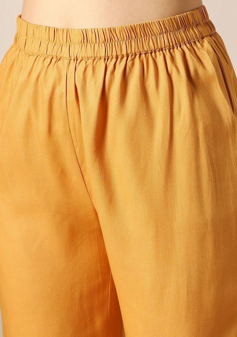 Mustard Embroidered Cotton Straight Kurta Sets - Indya