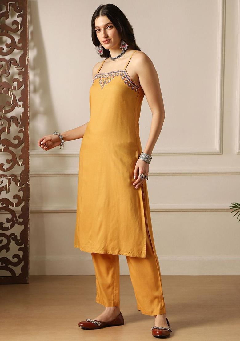 Mustard Embroidered Cotton Straight Kurta Sets - Indya