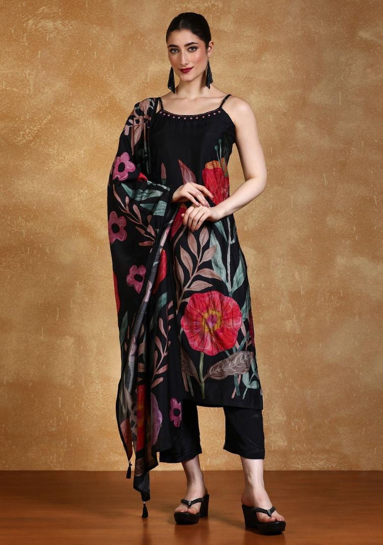 Black Printed Silk Straight Kurta Sets - Indya