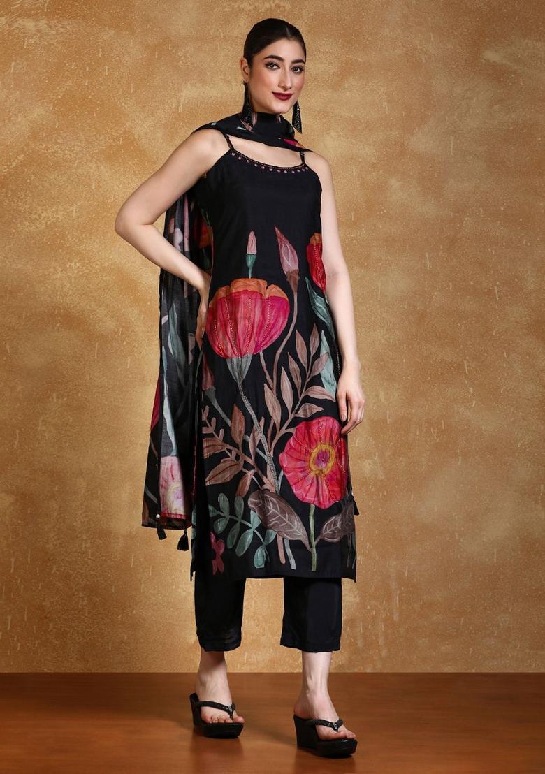 Black Printed Silk Straight Kurta Sets - Indya