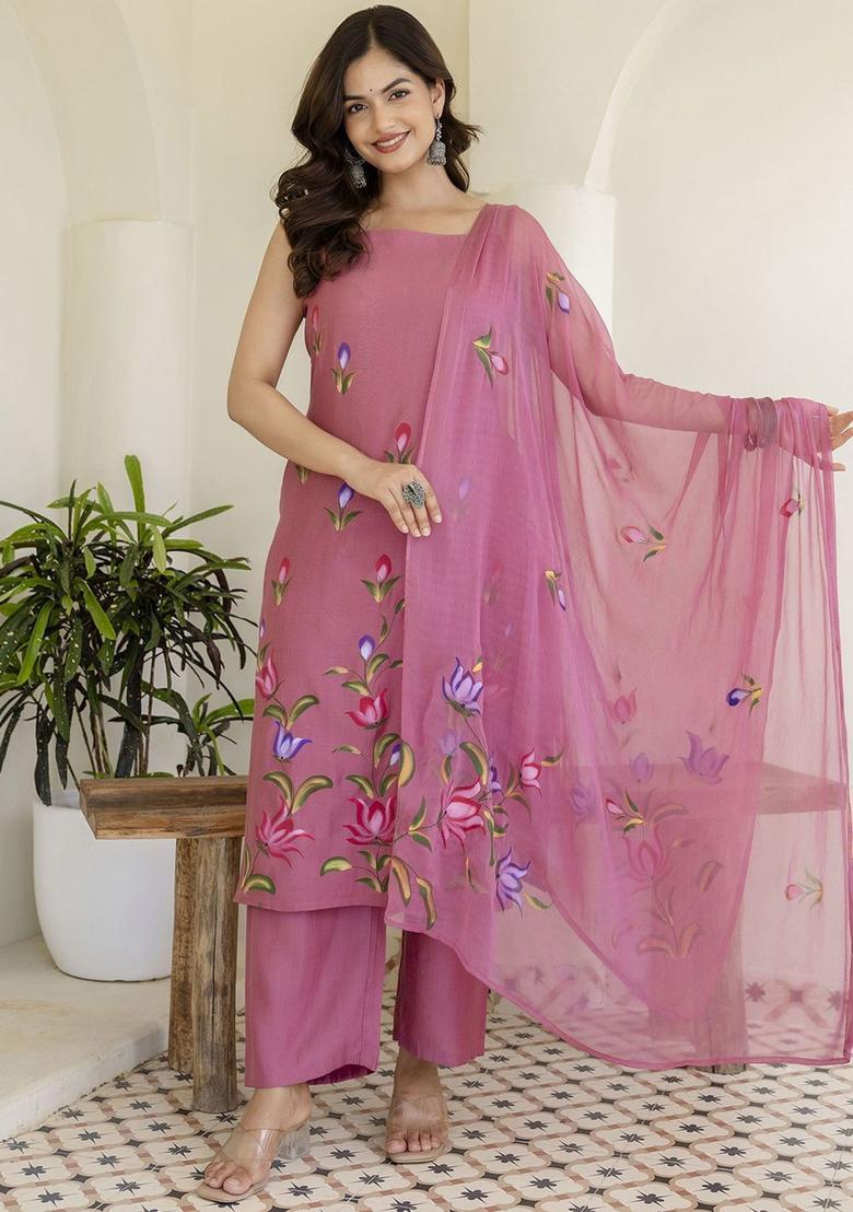 Pink Printed Cotton Straight Kurta Sets - Indya