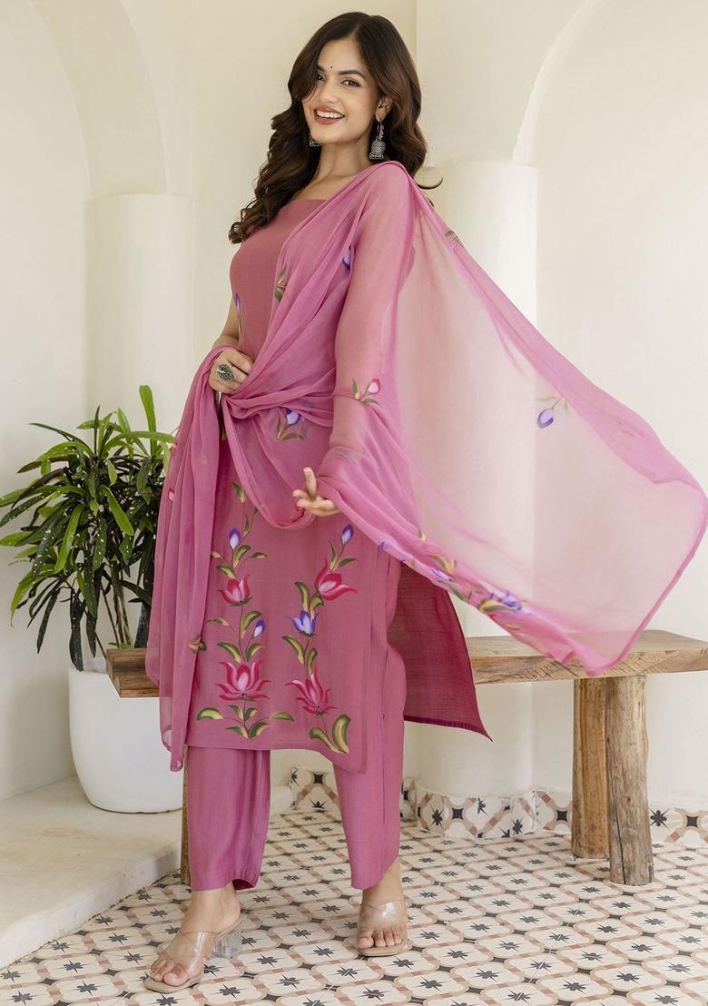 Pink Printed Cotton Straight Kurta Sets - Indya