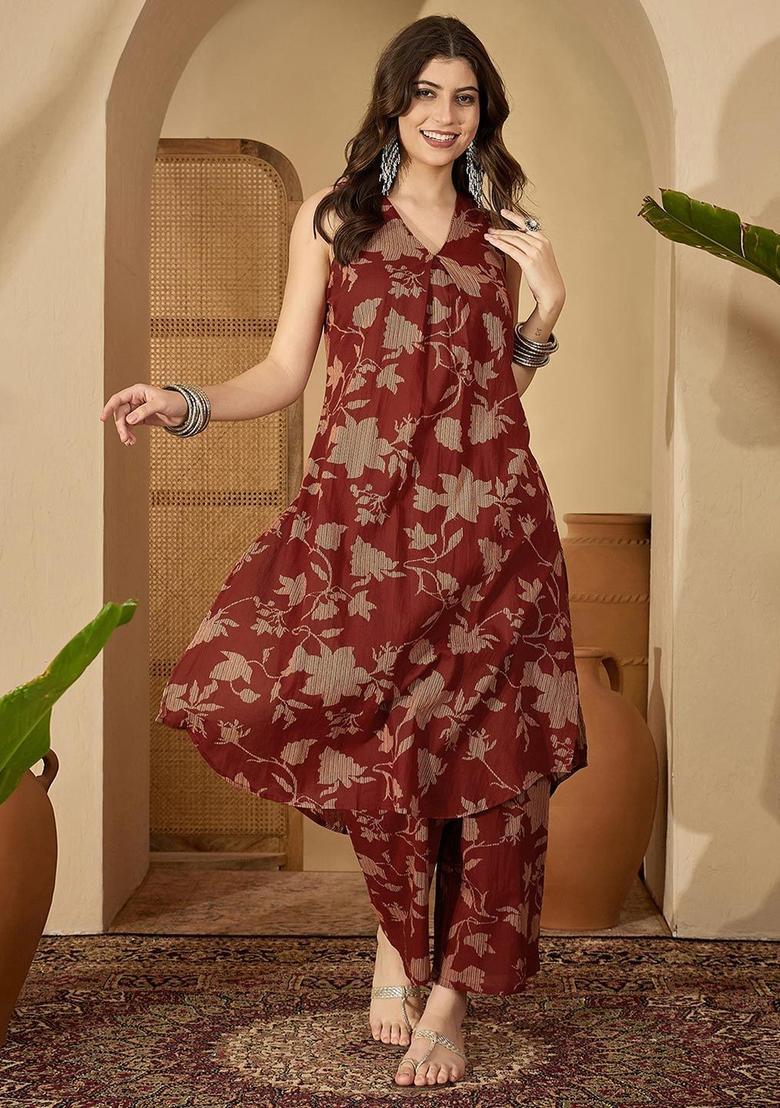 Brown Printed Cotton Anarkali Sets - Indya