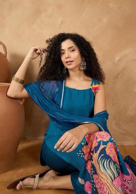 Blue Printed Silk Straight Kurta Sets