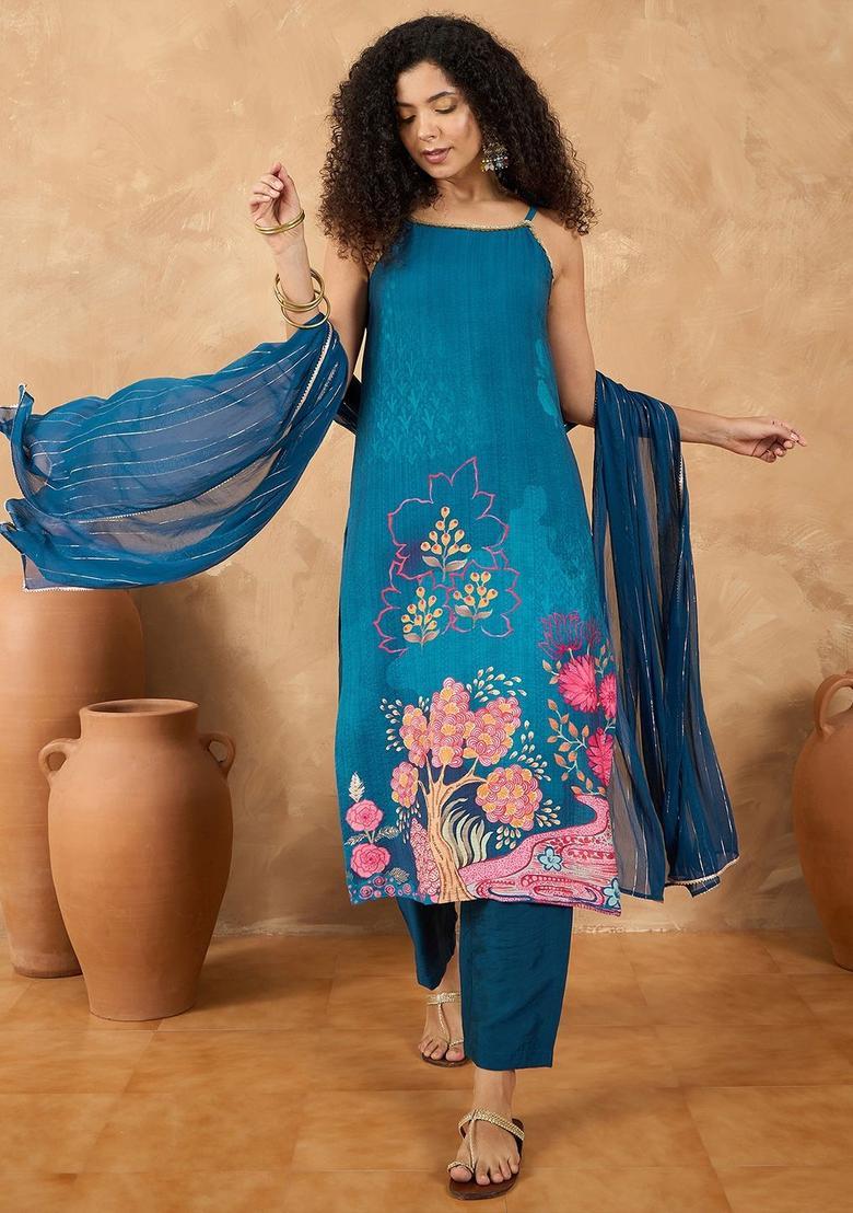Blue Printed Silk Straight Kurta Sets - Indya