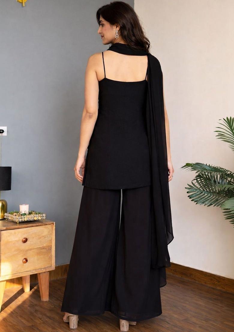 Black Embroidered Georgette Straight Kurta Sets - Indya