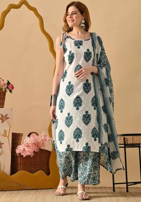 White Printed Cotton Straight Kurta Sets