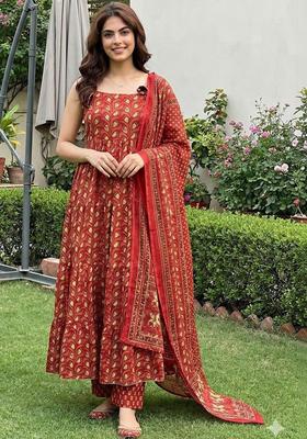 Red Printed Cotton A Line Kurta Sets