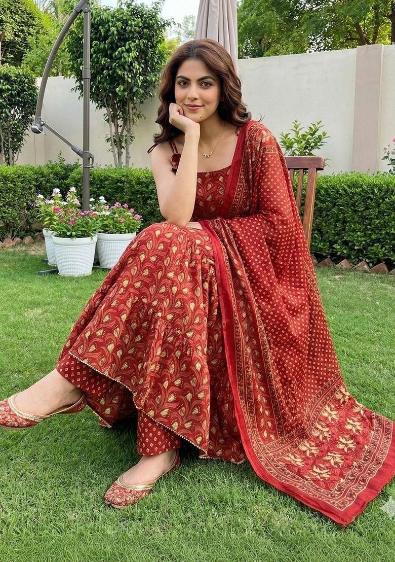 Red Printed Cotton A Line Kurta Sets - Indya