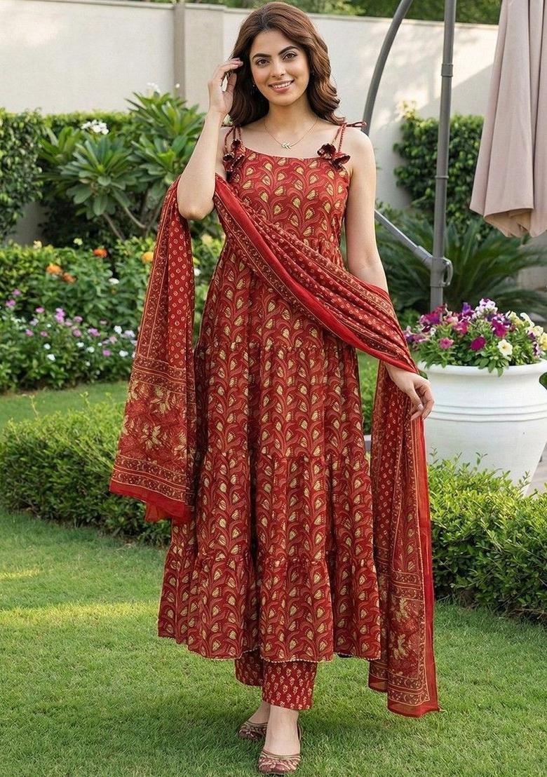 Red Printed Cotton A Line Kurta Sets - Indya