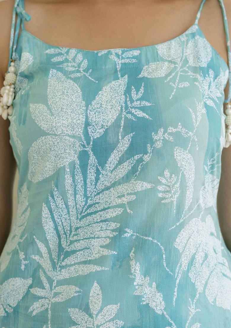 Turquoise Blue Printed Cotton Straight Kurta Sets - Indya