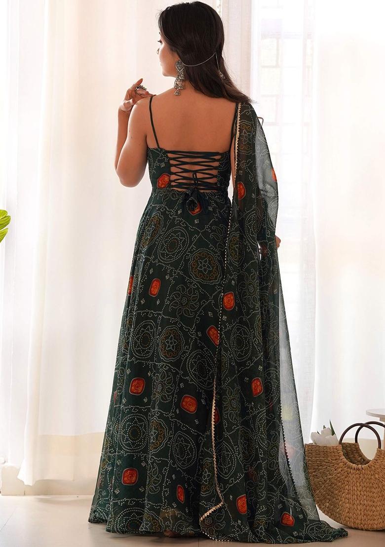 Green Printed Silk Anarkali Sets - Indya