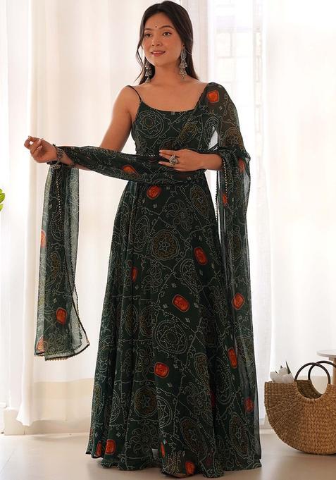 Green Printed Silk Anarkali Sets — view on Indya