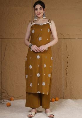 Mustard Embroidered Viscose Straight Kurta Sets
