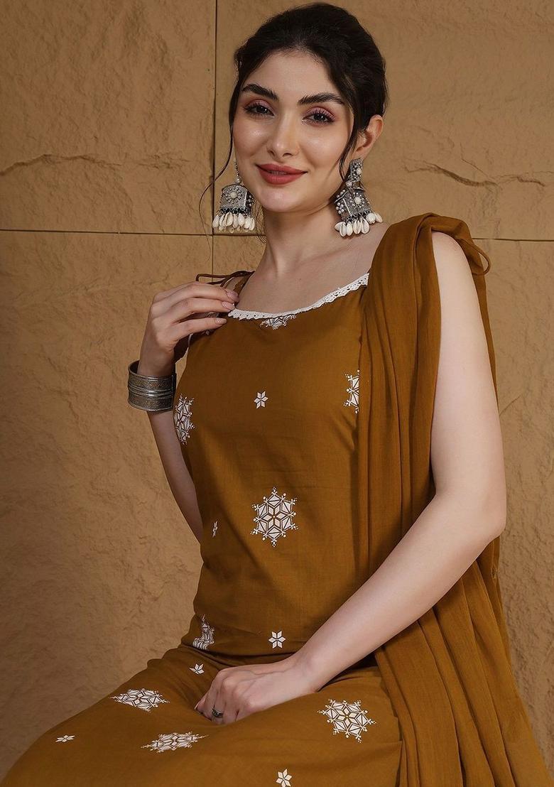 Mustard Embroidered Viscose Straight Kurta Sets - Indya
