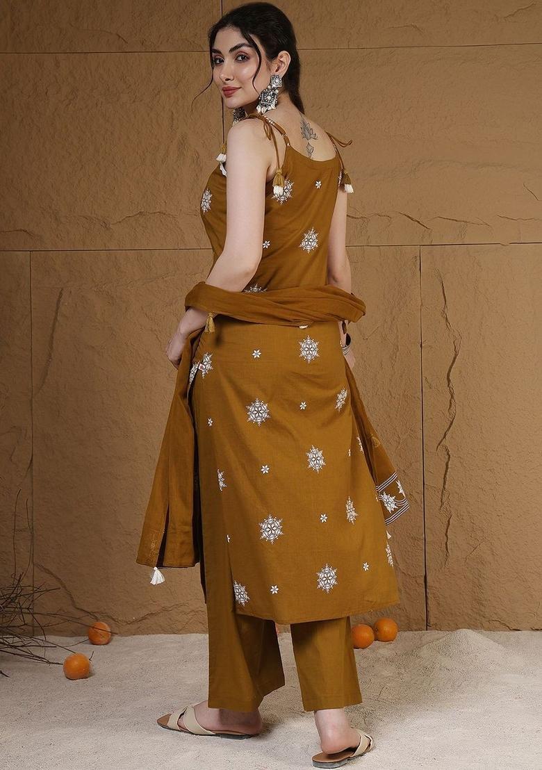 Mustard Embroidered Viscose Straight Kurta Sets - Indya