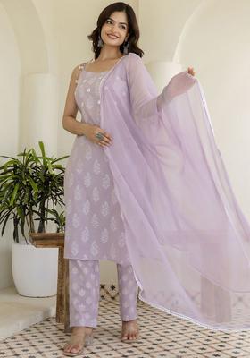 Lavender Printed Cotton Straight Kurta Sets